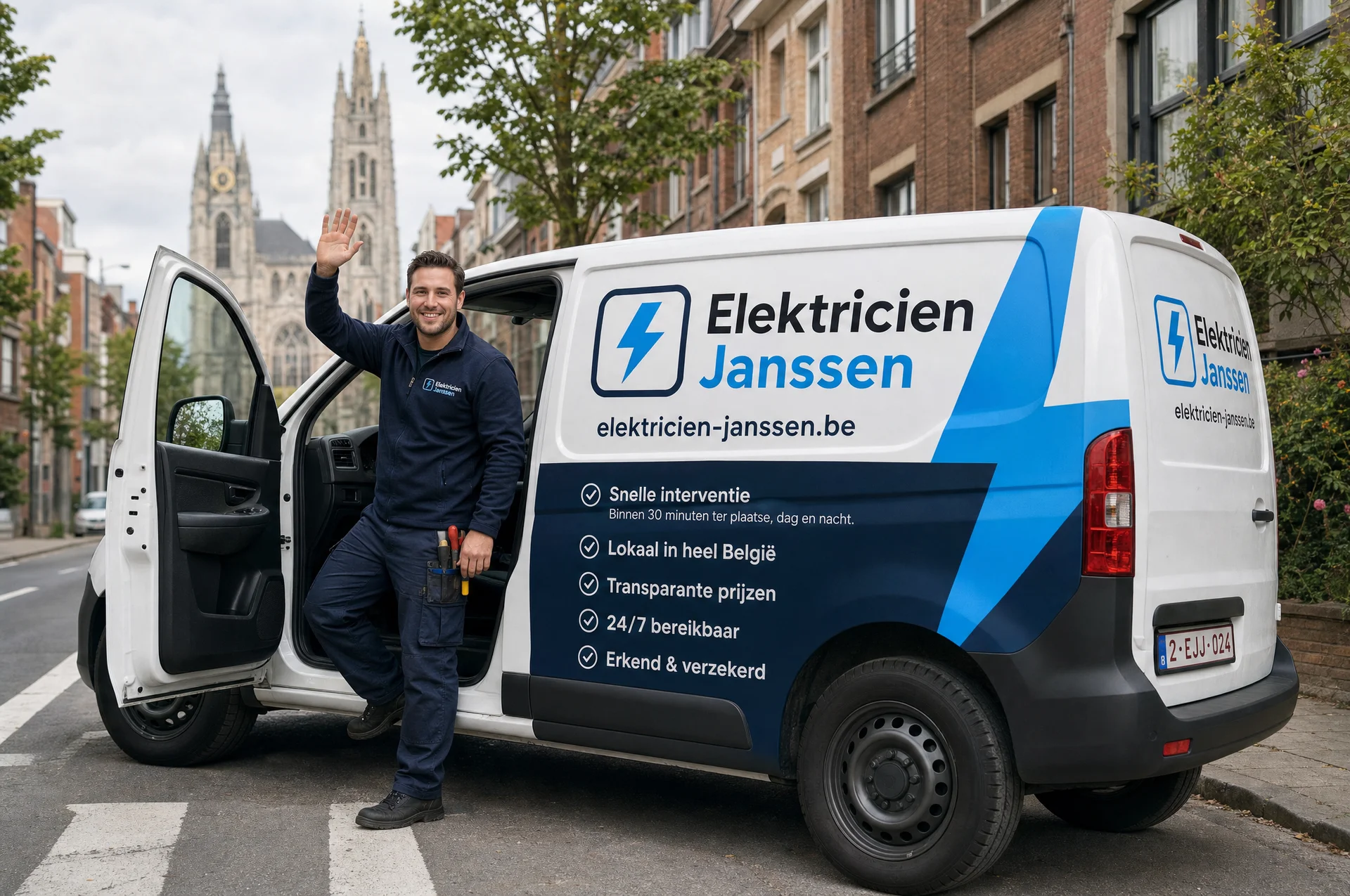 Elektricien van Elektricien Janssen zwaait naast de bedrijfsbus in een Belgische stad